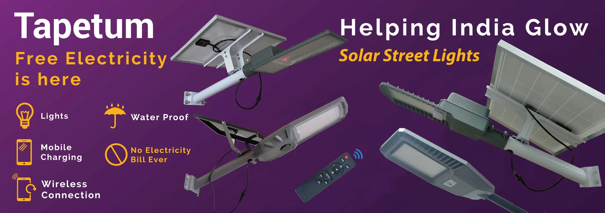 Tapetum solar street lights — free electricity, no wiring, wireless connection
